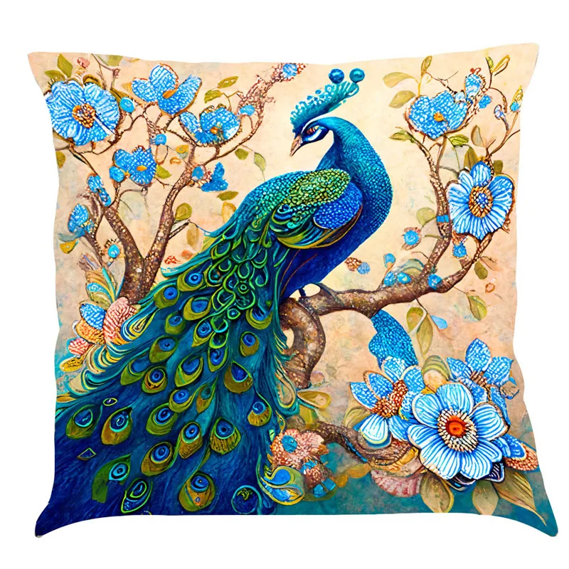 Funda de cojín de estilo nórdico con pintura al óleo de pavo real, funda de cojín de lino y algodón para sofá, decoración del hogar, 45x45cm