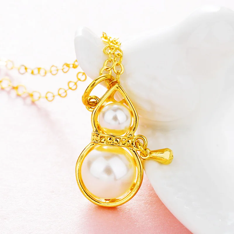 

Real 18K Gold Color Gourd Pearl Pendant Necklace Solid 999 Pearl Necklace Chain for Women Lover Fine Jewelry Gifts