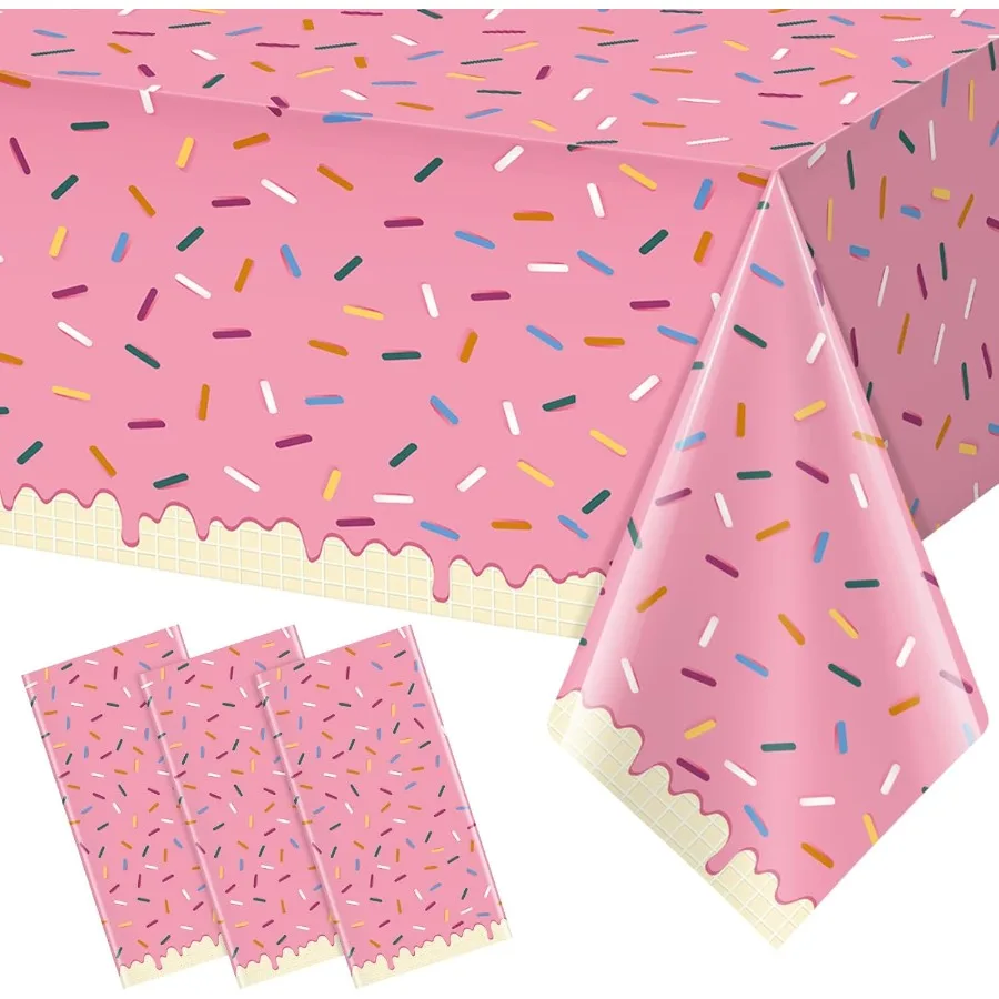 

3Pcs Sprinkle Donut Tablecloth Pink Ice Cream Table Cloth Disposable Plastic Rectangle Table Covers for Baby Girl Sweet One Bir