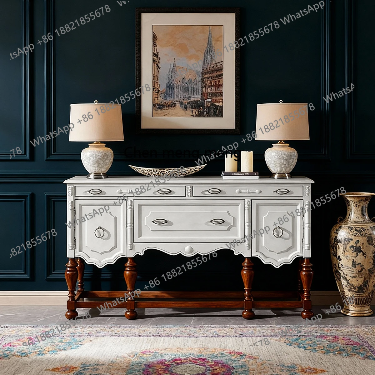 

White Entryway Cabinet with Carved Solid Wood Texture Sideboard Cabinet Living Room Artistic Luxurious Decorative Cabinet