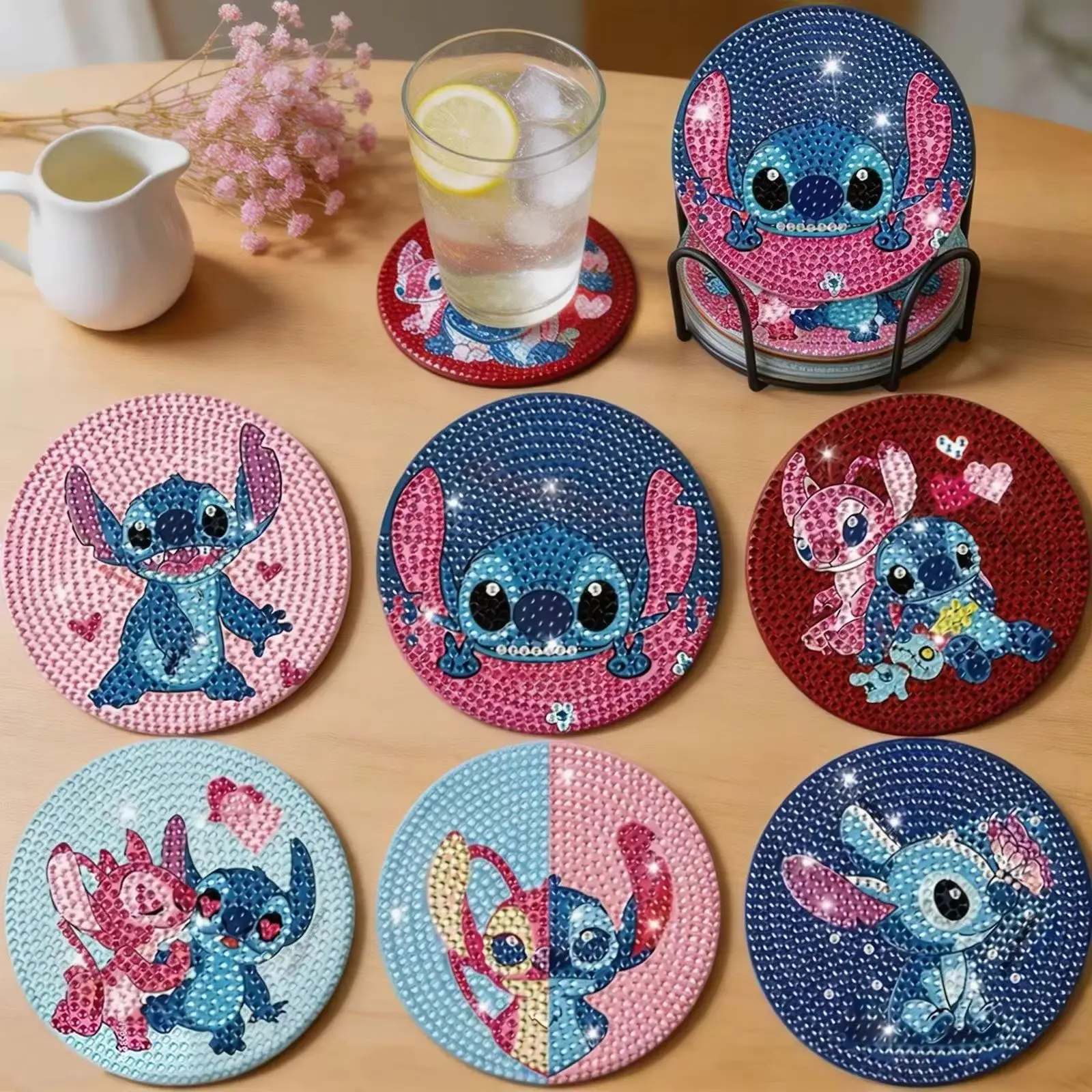 Stitch Angel 5D Full Drill Diamond Painting Kit Coasters with Cup Holder Home Decor Tabletop DIY Craft Gift