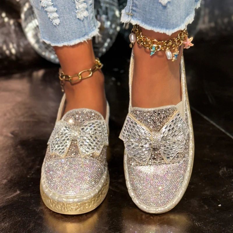 

Женские туфли на плоской подошве, новинка 2026, дышащая удобная однотонная обувь без шнуровки со стразами, повседневные прогулочные лоферы с острым носком, женские кроссовки