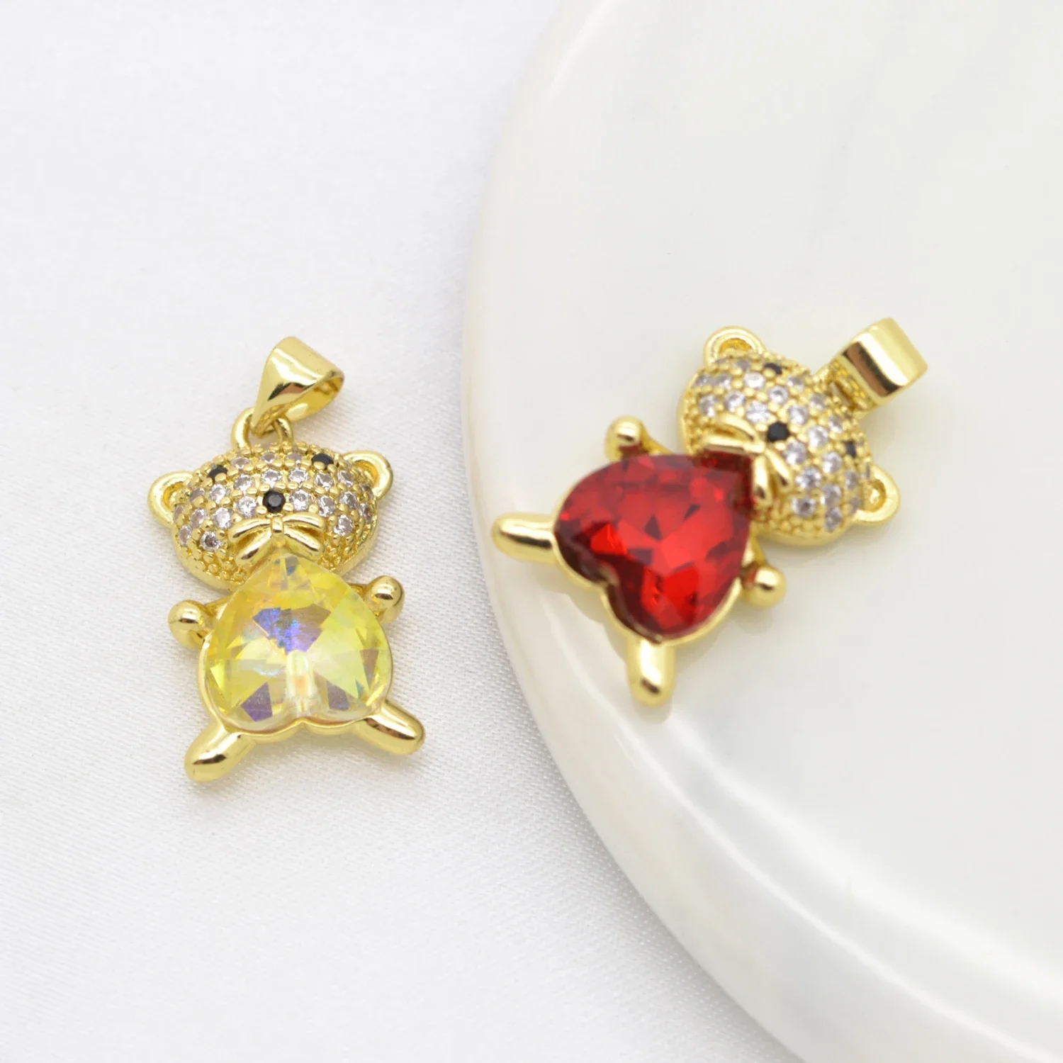 9 Pcs Hug Heart Zircon Bear Pendant DIY Jewelry Making Supplies Earrings Necklace Jewelry Accessories Copper Gold Plated Charm