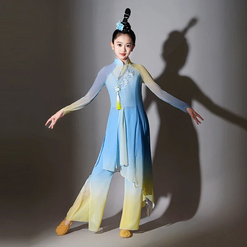 Chinese Stijl Volksdans Klassieke Yangko Kleding Prestaties Kostuums Meisjes Oefenkleding Kinderen Elegante Fan Dans