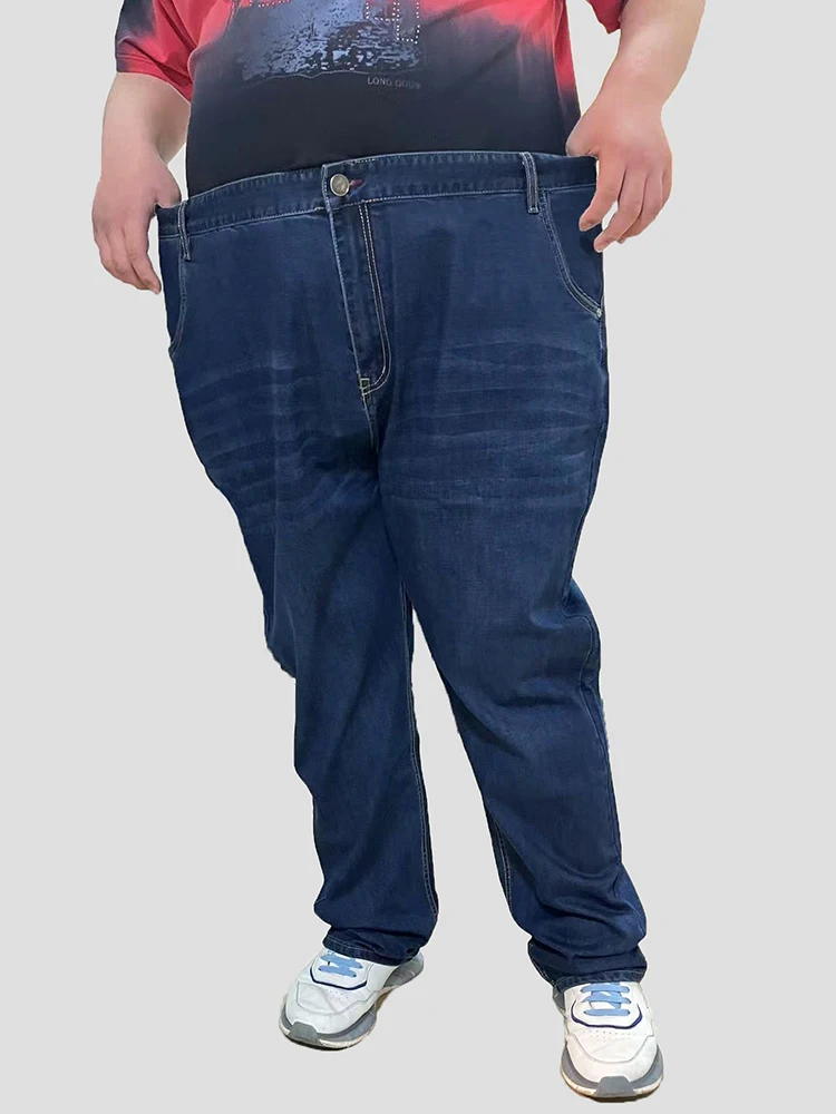 Hochgeschnittene dunkelblaue Stretch-Unterhosen für Männer in Übergröße 52-58, für große und kräftige Personen, Jeanshosen, lange Hosen. – Detail 10