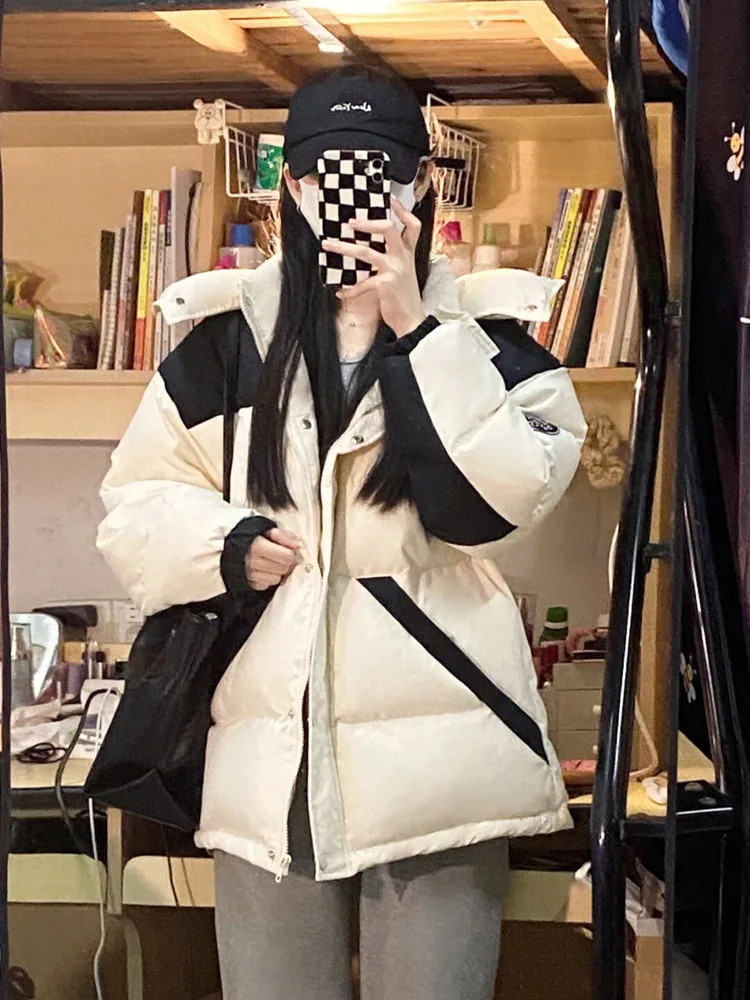 

Модная женская зимняя куртка оверсайз в корейском стиле, свободного кроя, с цветными блоками, из хлопка, с кристаллами, в стиле рабочей одежды