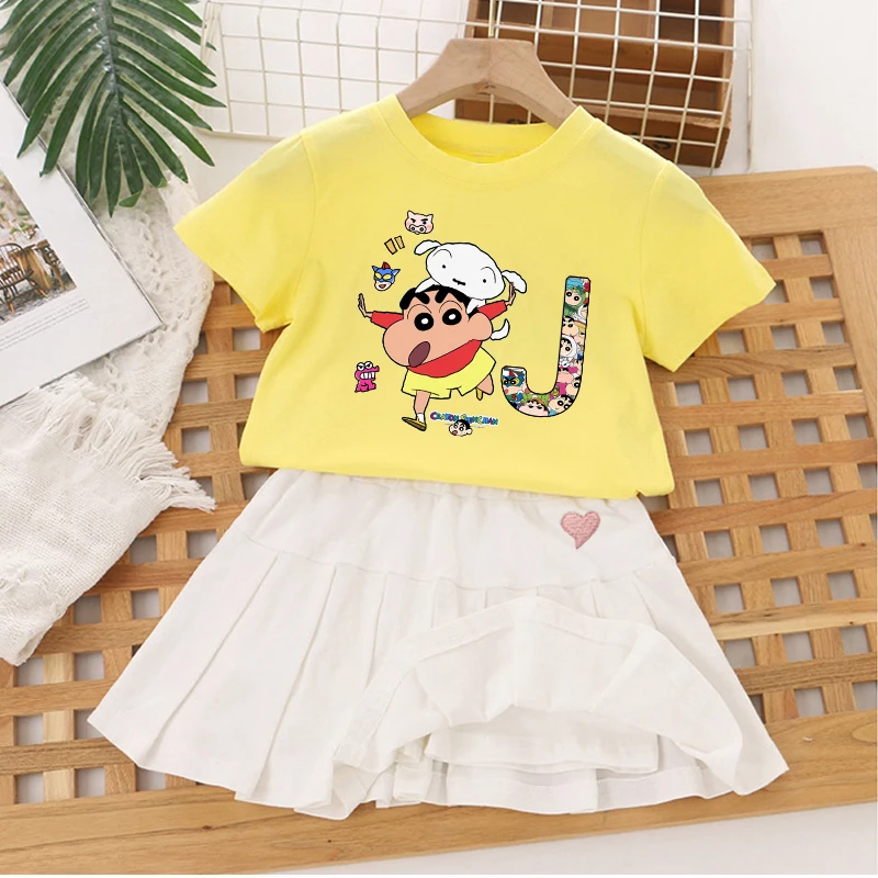 

Crayon Shin-chan Girl Short Sleeved Pleated Skirt Set Kids Letter Print T-shirt Skirt 2pcs Suit Baby Tees Children Clothes gift