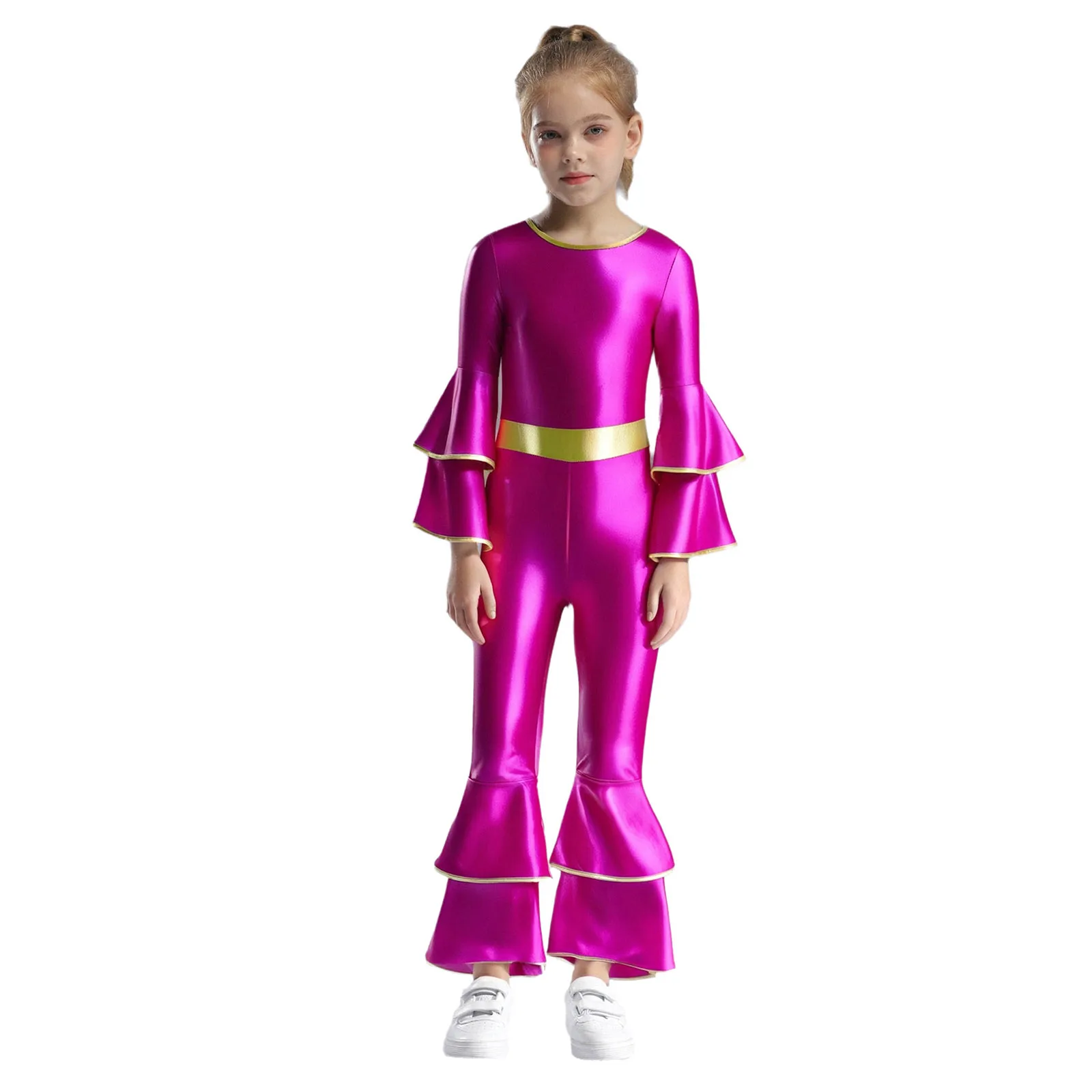 

Kids Girls Shiny Metallic 70s 80s Disco Dance Jumpsuit Long Sleeves High Waist Tiered Flared Pants Jumpsuit for Jazz Performance