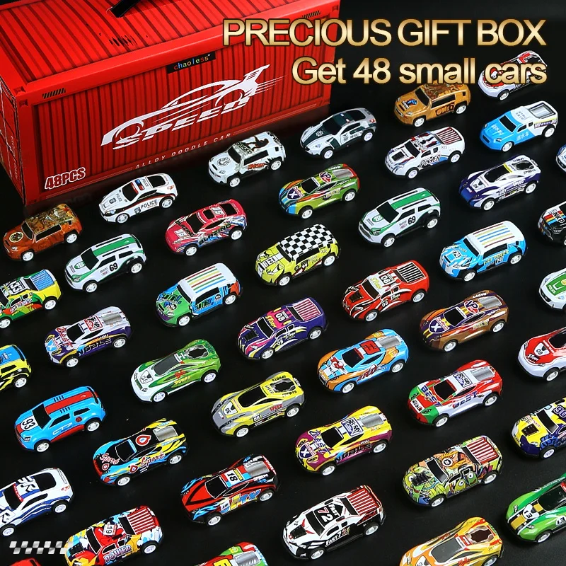 48개 금속 철 합금 자동차 트럭 장난감 기차 트랙 세트 슬롯카 모델 어린이 장난감 소년 미니어처 트롤리 크리스마스 선물