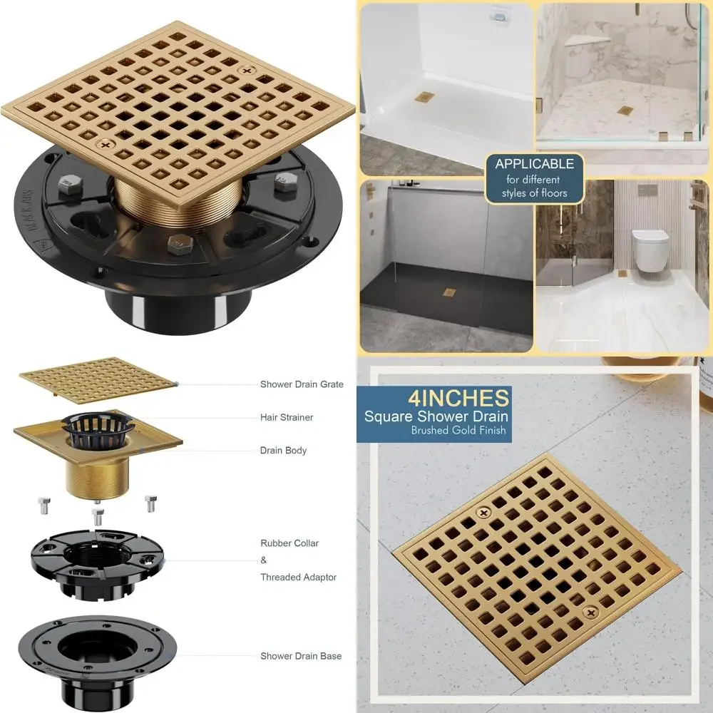 استنزاف دش مربع 4 بوصة مع غطاء مصفاة شعر قابل للإزالة - تصريف أرضية من الفولاذ المقاوم للصدأ لسهولة الصيانة والنظافة
