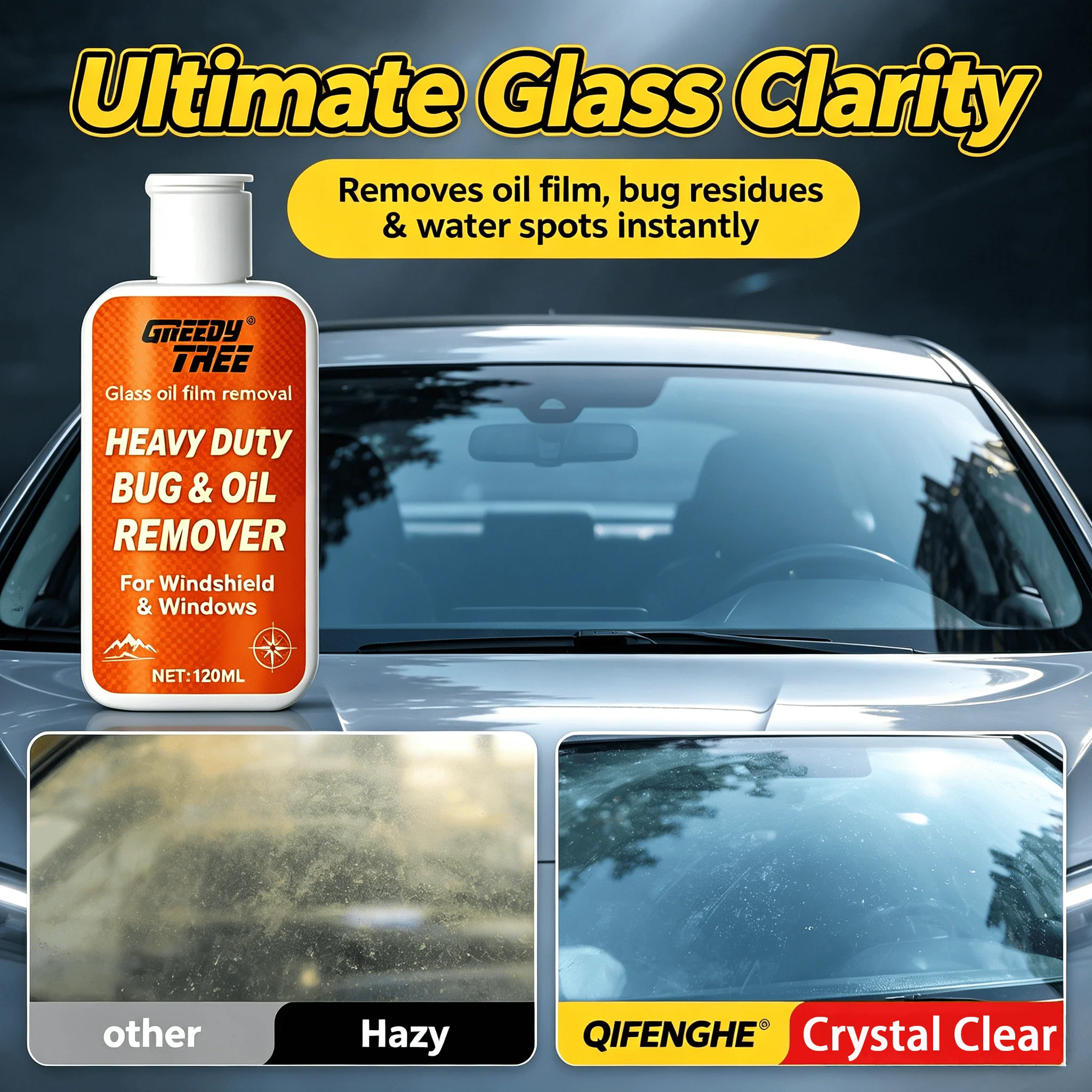 

Oil Film & Bug Remover 120ml – Restores Glass Clarity, Safe Driving