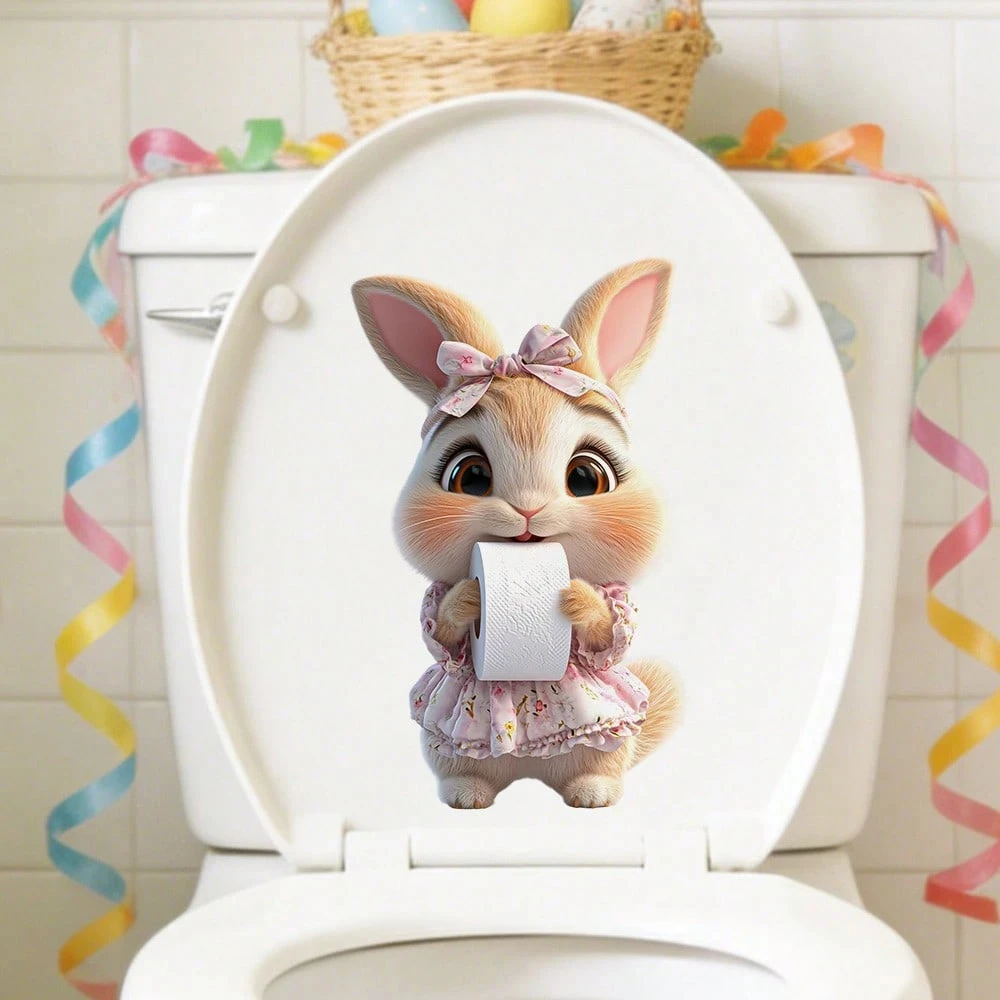 Funny Highland Cow Toilet Sticker, Cute Animal Holding Toilet Paper Roll Pattern, Waterproof Vinyl Sticker For Bathroom S1013