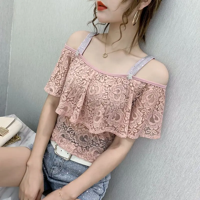 Summer New Hollow Out Off Shoulder Slim Tops Tees Solid Color Lace Patchwork Office T Shirts Elegant Fashion Women Clothing