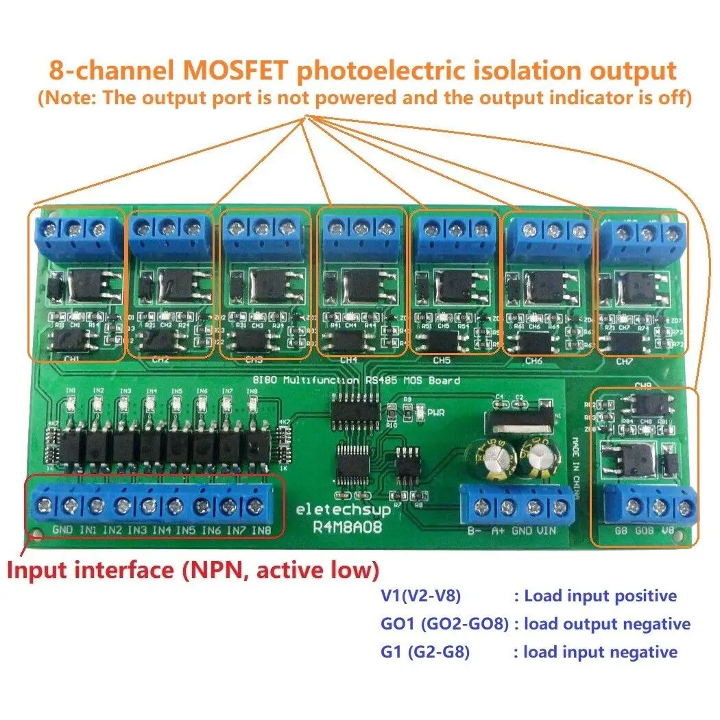 DC 12V 24V 8I8O Multifunction MOSFET Module RS485 Modbus RTU 03 06 16 Function