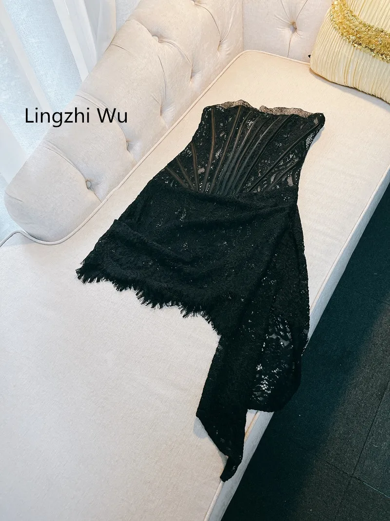 Women's Strapless Fish Bone Black Dress, Lace, Irregular Bud, Short, Formal, Elegant, Sexy, New Arrival