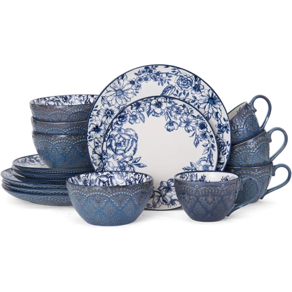

Gabriela Blue 16-Piece Dinnerware Set, Service for 4, Durable Stoneware Plates, Bowls, and Mugs with Elegant Blue Pattern, Dish