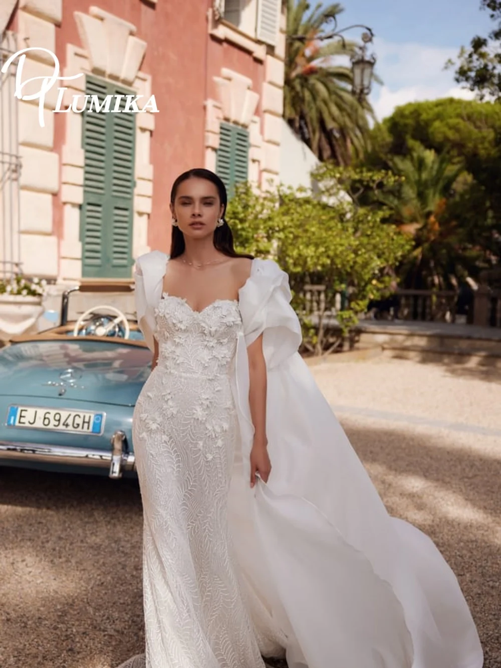 فستان زفاف براقة عاري الكتفين Capelet 2026 رومانسي ثلاثي الأبعاد-زهرة فستان زفاف لذيذ حورية البحر طول الأرض فستان الزفاف رداء