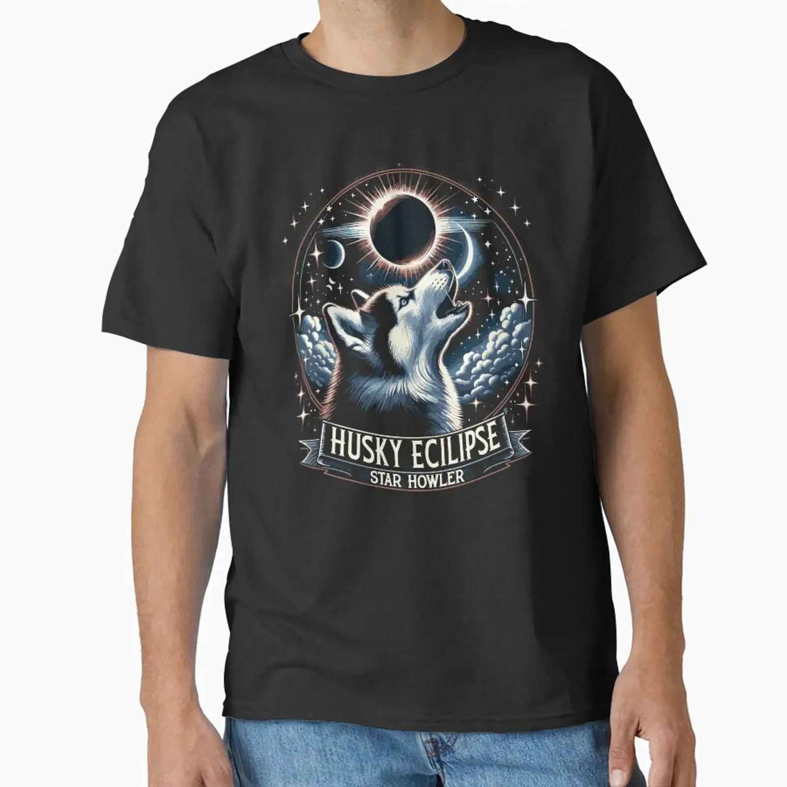 Stargazing Husky Howl Celestial Eclipse Enthusiast T Shirt designed and sold by PunnyPawsShop vintage Washed Casual streetwear