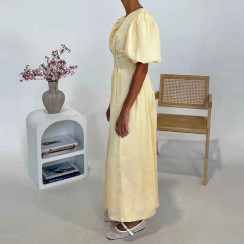 Mode Pendler Plissee Lange Kleider Damen Oansatz Puff Sleeve Elegante Party Kleid 2025, Sommer Casual Feste Taille A-linie Kleid