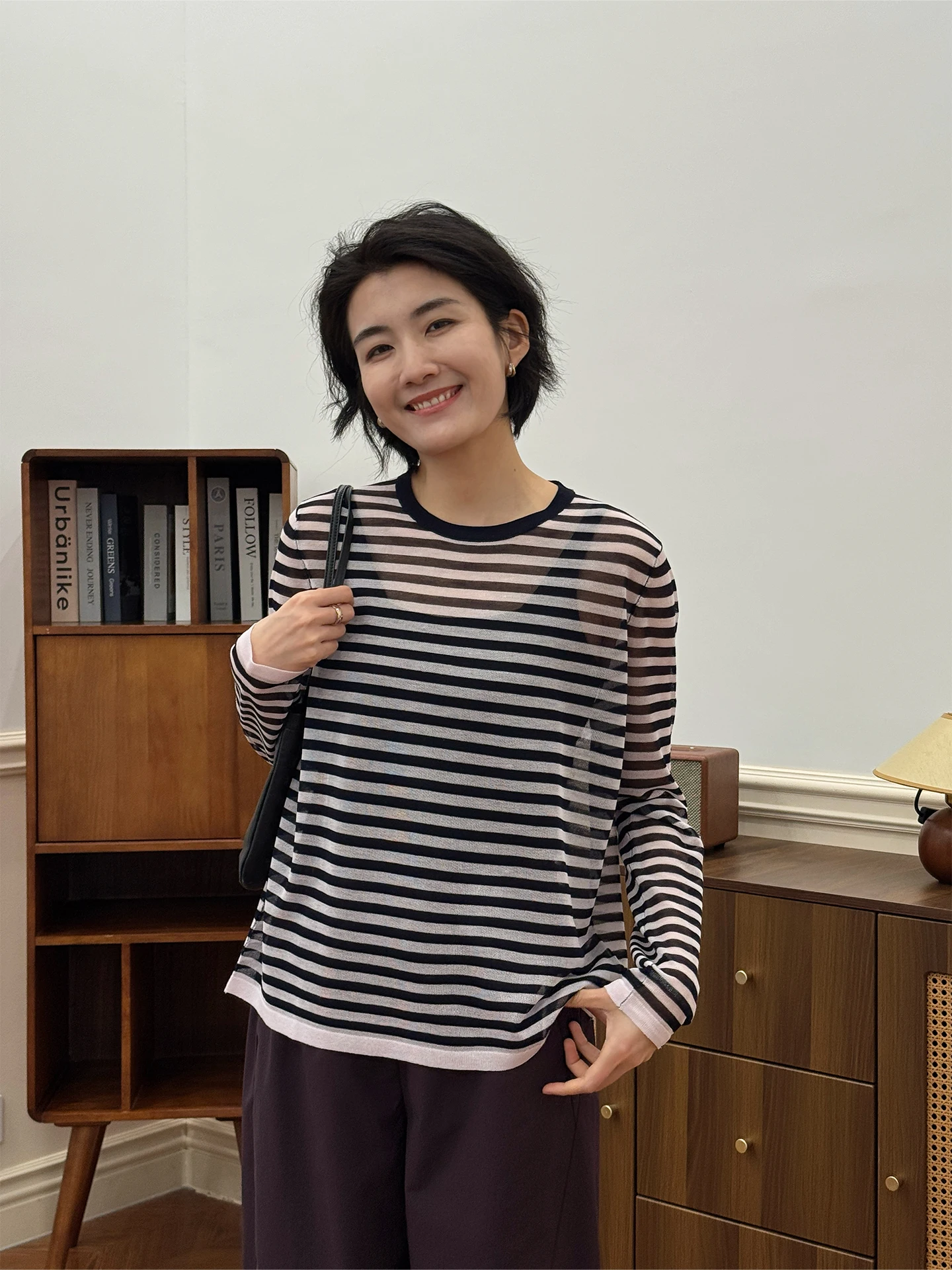 

Langqing round Neck Long Sleeve Striped Knitwear Loose Sun Protection Cover up Soft Comfortable Rayon Blend Spring New Arrival