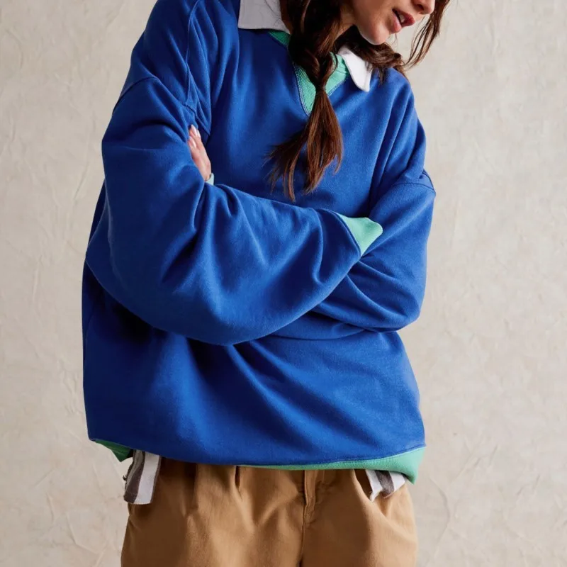 Fashion Contrasting Color Womens Hoodies 2025 Spring Loose Casual Long Sleeve O-neck Pullover Tops For Women Trendy Streetwear