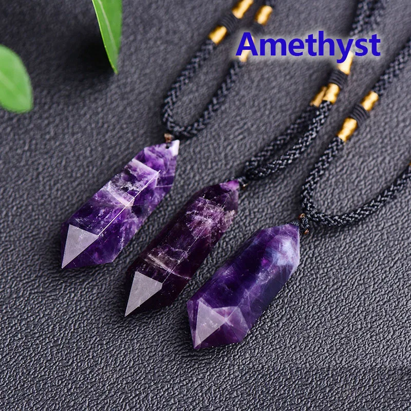 Double Pointed Crystal Necklace Hexagonal Cylindrical Natural Stone Quartz Pendant Men Women Fashion Jewelry Amulet Accessories