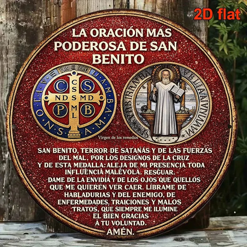 2D Vintage Metal Sign, St Benedict Most Powerful Prayer Exorcism Decor Plaque, Round Aluminum Wall Art for Living Room Bedroom B