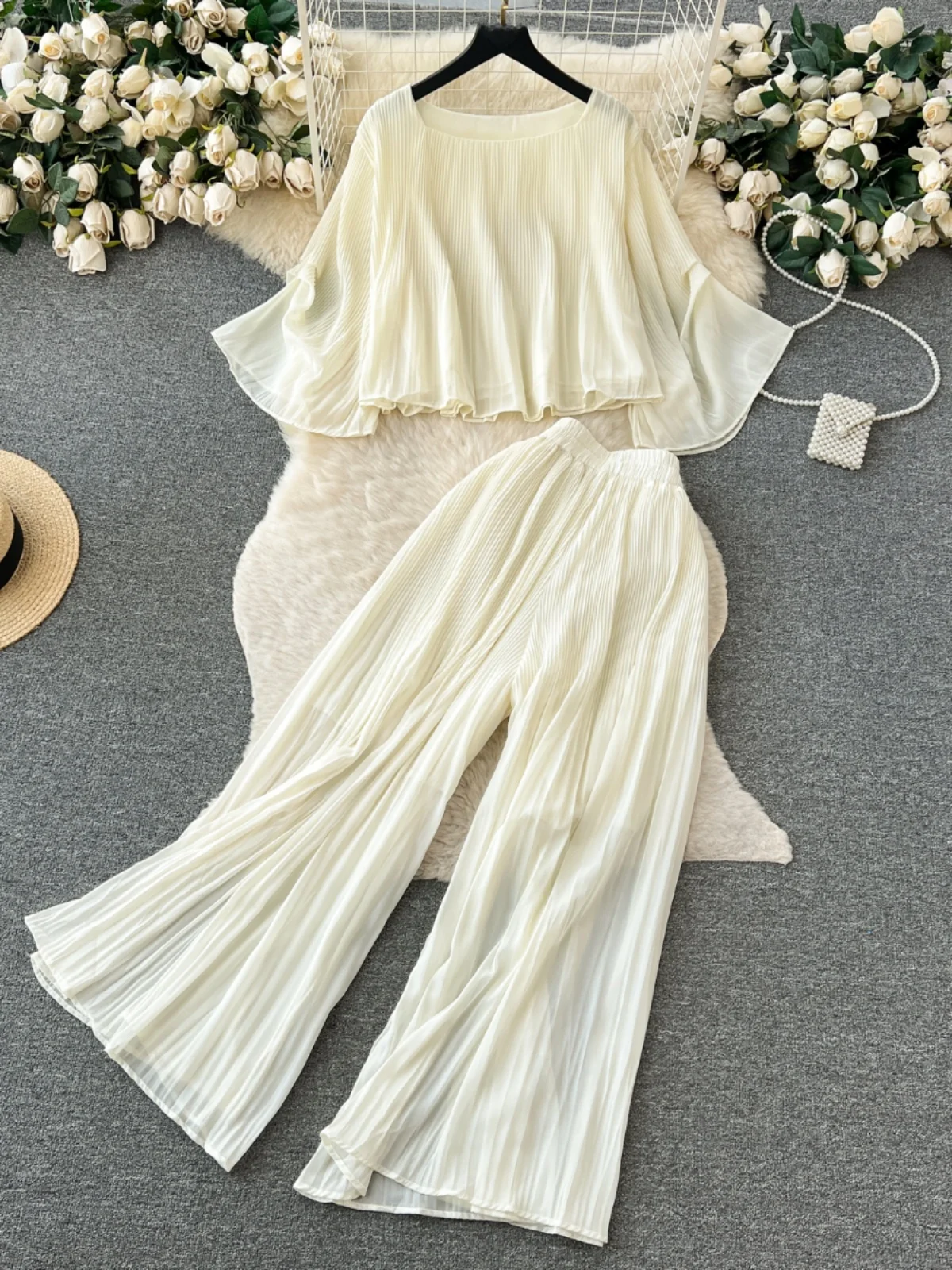 

Retro Hepburn Sle Faion Set Loose High Waist Long Pants Women's Summer T-irt plus High Waist Drapey Long Pants