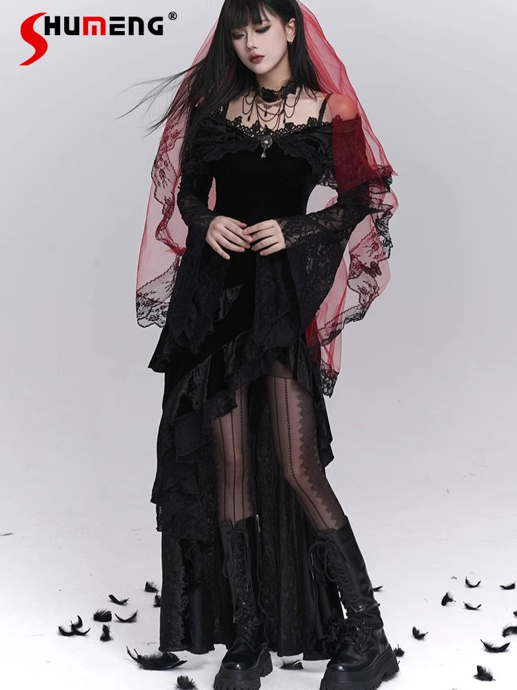 

Retro Gothic Halloween Cosplay Costume Lace Spliced Off-Shoulder Flared Sleeve High Waist Slim Irregular Black Long Dress Women
