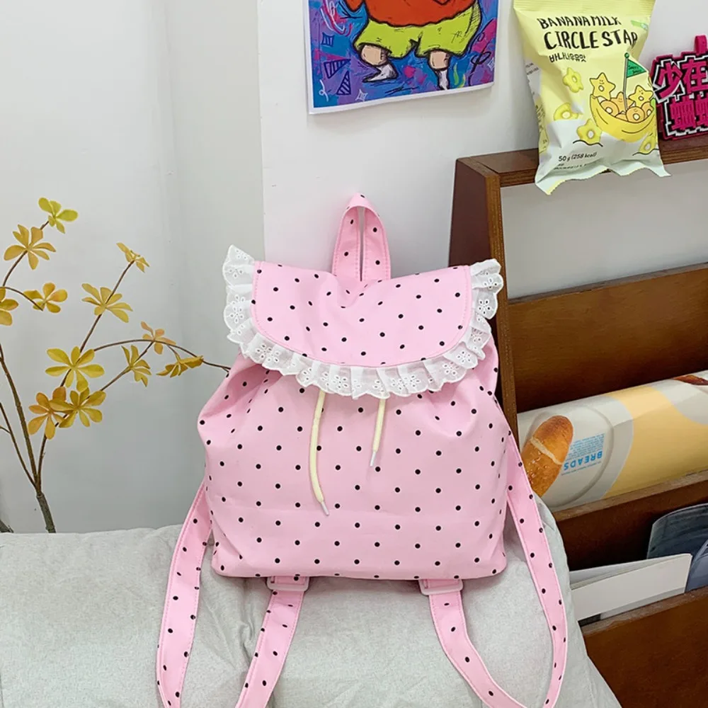Korean Kawaii Ruffles Backpack Cute Sweet Drawstring Backpack Casual Outdoor Travel Schoolbag for Girls