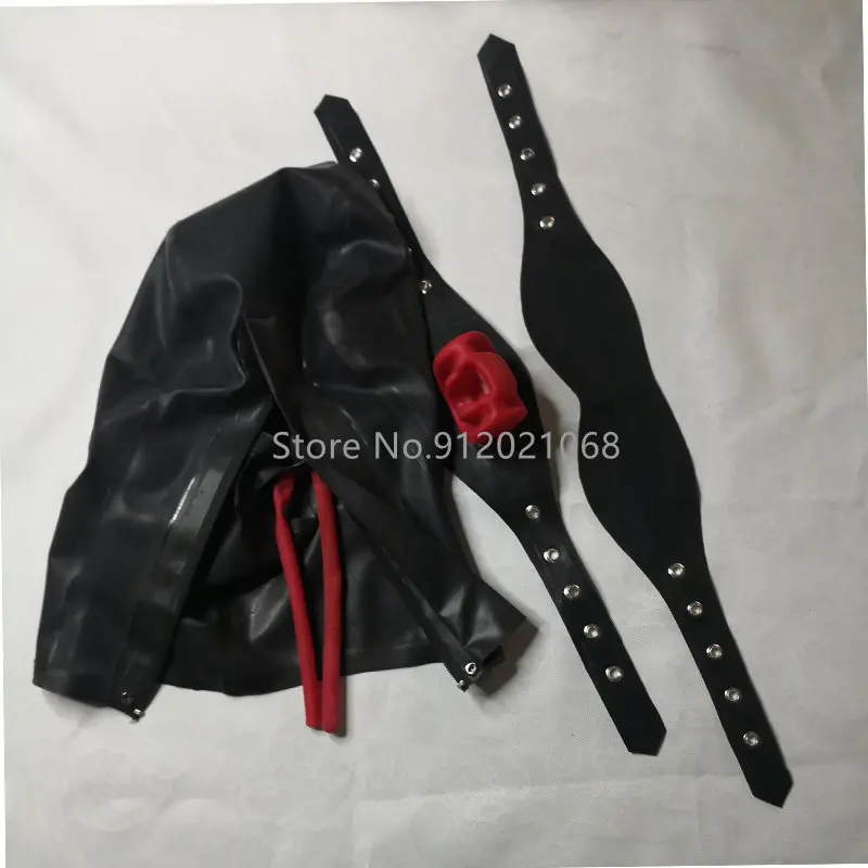 Latex Rubber Hood with Long Nose Tube Mouth Teeth Gag Removable Eyes and Mouth Mask Open Eyes Mouth Back Zipper