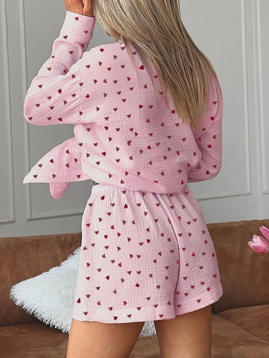 Women 2pcs Home Suit Loose Fitting Pajama Set Long Sleeved Heart-Shaped Printed Button Shirt Top+Elastic Shorts Set Casual Wear