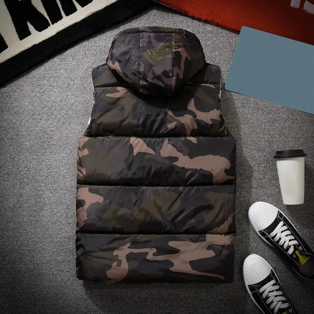 Winter Men Waistcoat Camouflage Thickened Cotton Padded Windproof Zipper Hooded Vest Coat for Daily Wear