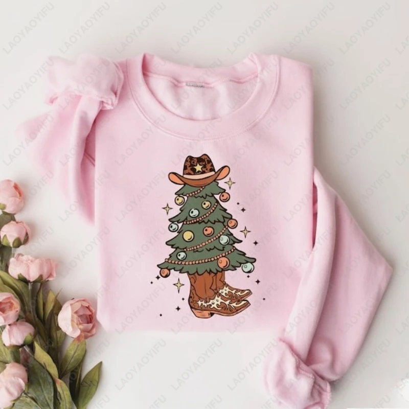 

Cowgirl Christmas Western Sweatshirt Xmas Tree Cowboy Boots Creative Graphic Pullover Cute Fun Casual Men Women Keep Warm Hoodie