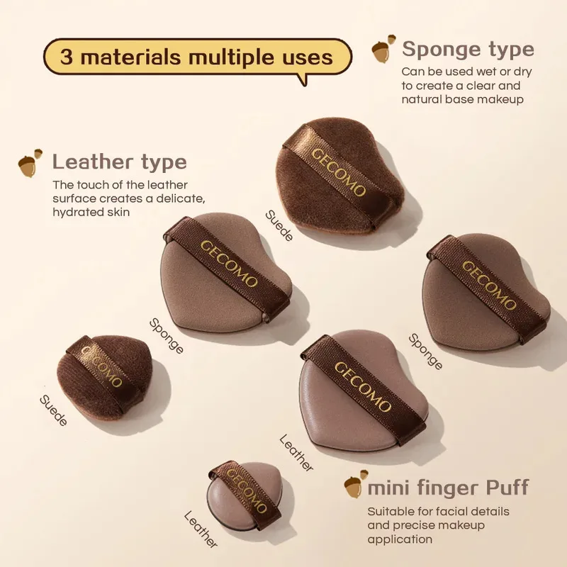 Zestaw 6 gąbek do pudru w kształcie orzeszków, gąbki do makijażu do stosowania na sucho i na mokro, z powierzchnią skórzaną, flokowane, miękkie, przyjazne dla skóry, do poduszki powietrznej.