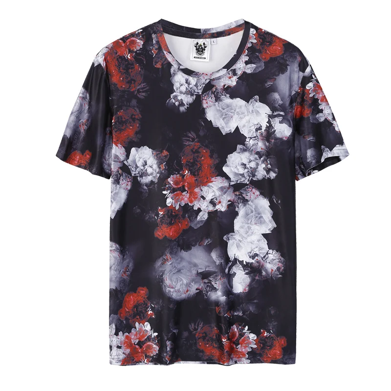 European and American men's wear summer 2022 new  Short sleeve round collar flower dyed print  Fashion ice silk T-shirt