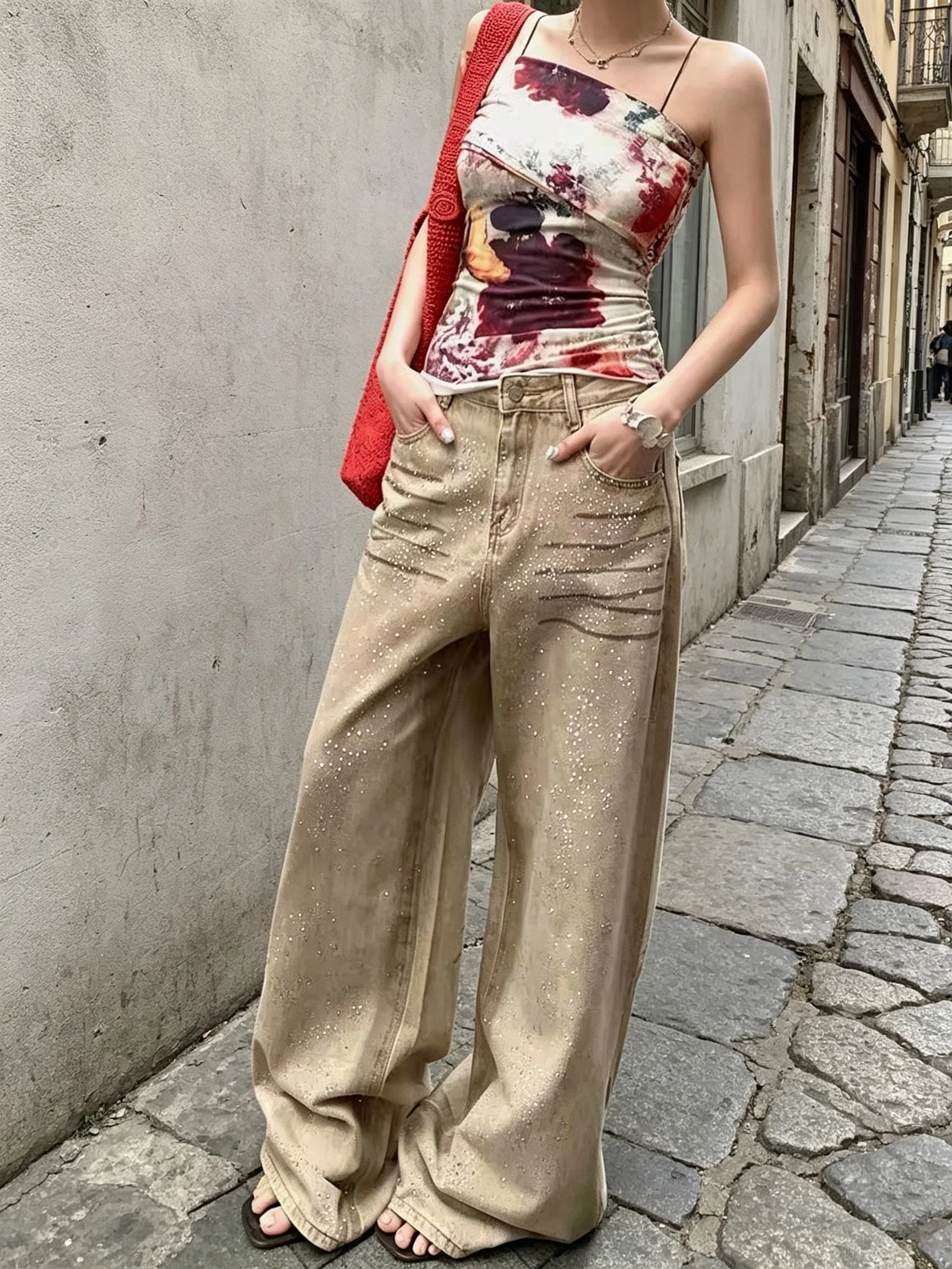 American Style Retro Fashion Heavy Duty Rhinestone Denim Pants Women Design Sensation Spicy Wide Leg Loose Slimming Drapey Pants