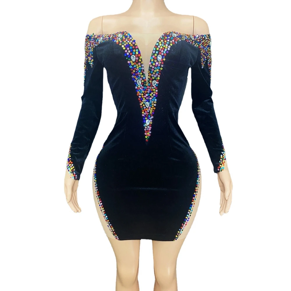 Sparkly Multi-color Rhinestones Long Sleeve Black Velvet Short Dress Sexy Birthday Celebrate Evening Party Dress Show Stage Wear