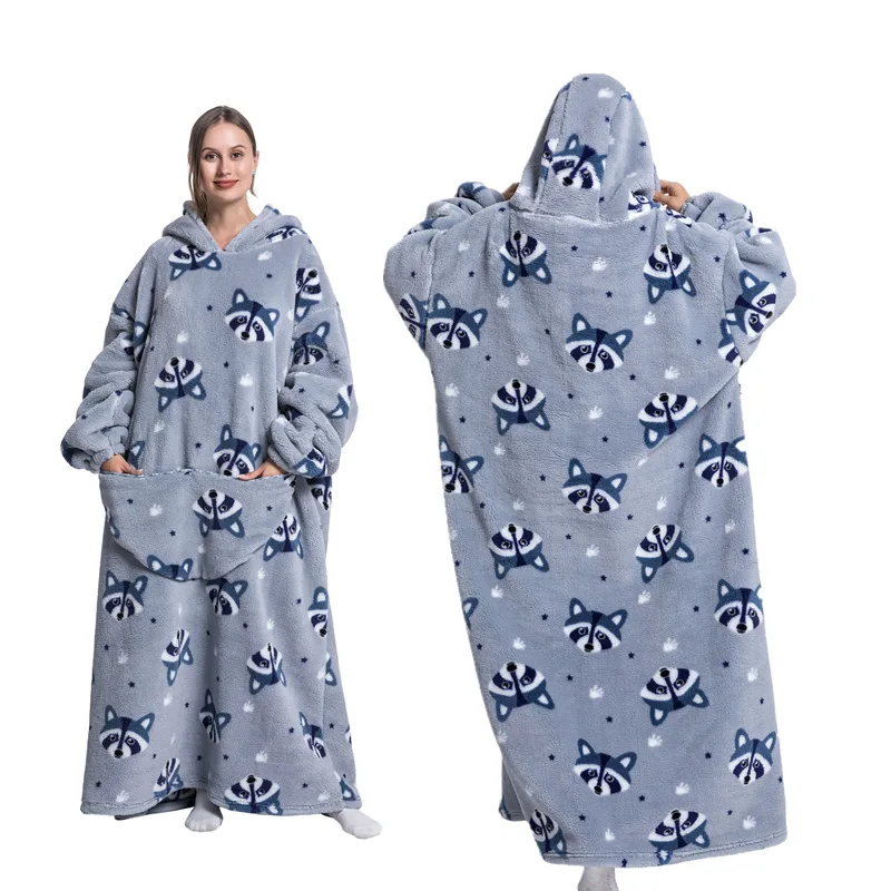 Luxury Winter Oversized Hoodies Sweatshirt Cartoon Dinosaur Panda Super Warm Long Hooded Blanket Flannel Lazy TV Blanket Pajamas