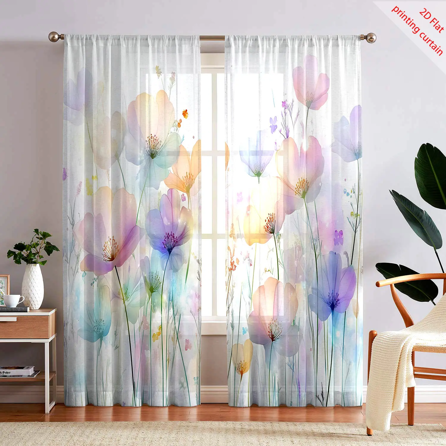 

Beautiful flower printed transparent gauze curtain, home art decoration, bedroom, living room, kitchen, balcony decoration