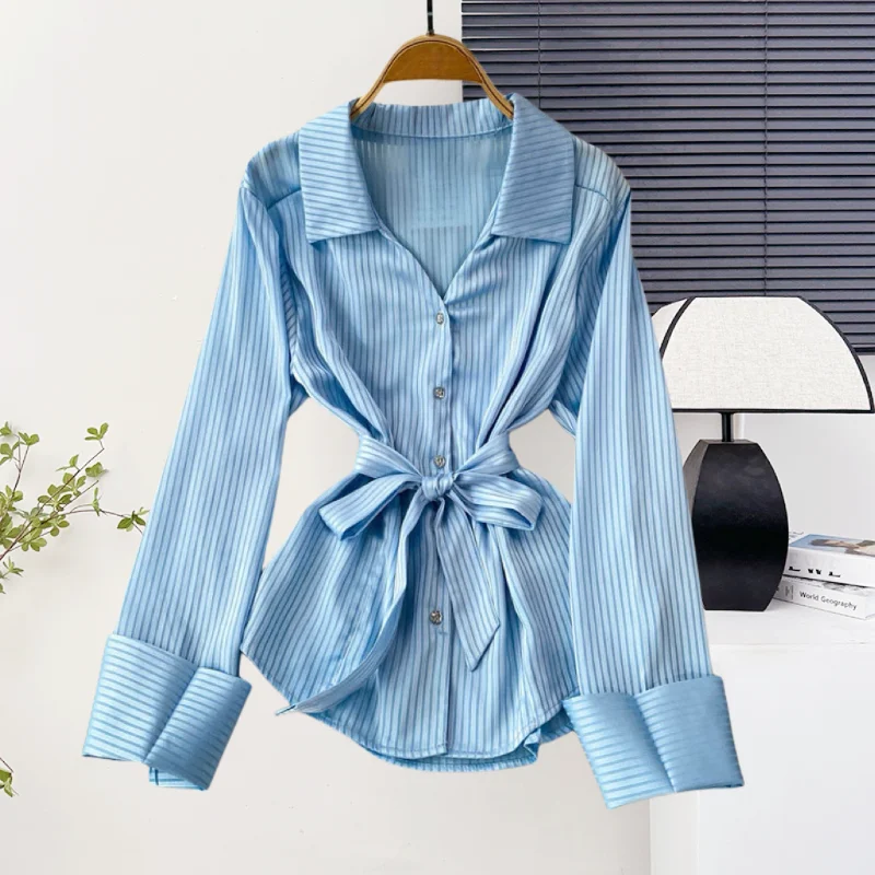 

New,European,Clothes,Stripe,Blouse,Chic,Sexy,Polo collar,Lace up,Single-breasted,Women,Long Sleeve,Shirt,Temperament,Tops,570063