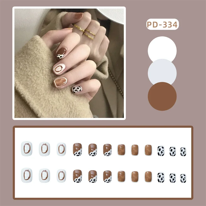 

24Ps/Set Handmade Fake Nails Full Cover Adhesive Acrylic Wearing False Nails Removable Black White Curry Color Press on Nail Art