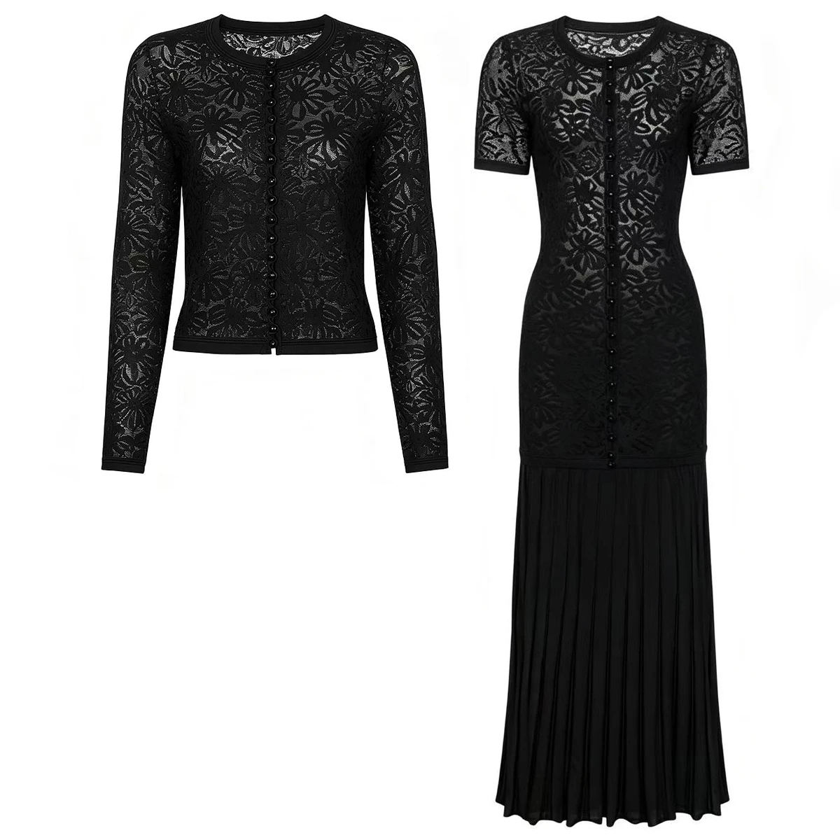 26132 Hochwertiges Frühlings-Neuheit Modisches Elastisches Strick-Set mit Perlenknöpfen: Cardigan + Kurzarm-Kleid für Damen