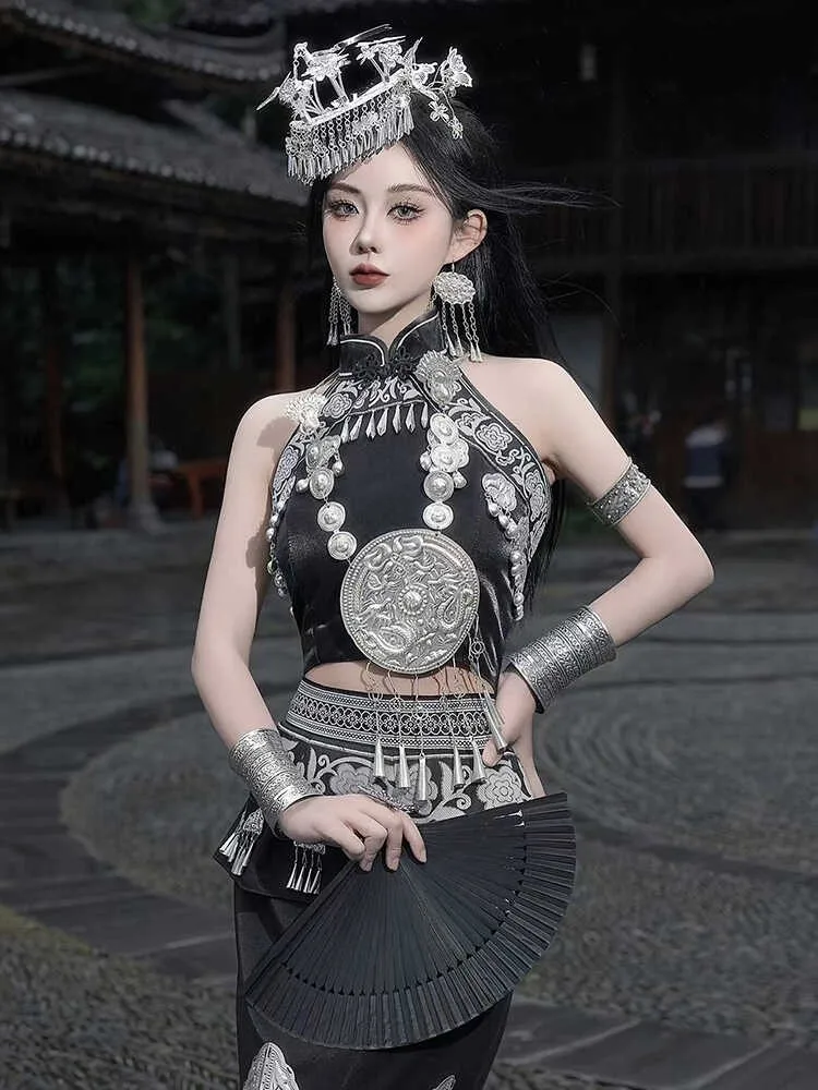 

Exotic style clothing black stand-up collar cheongsam top fishtail skirt headwear set new photography and portrait