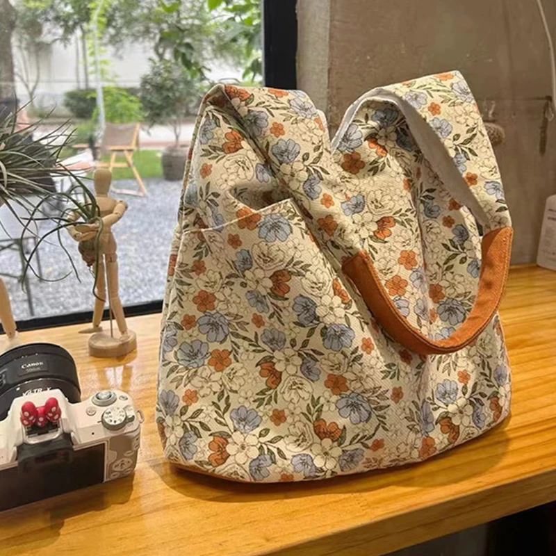 MUNIBag-Sac à main en toile de grande capacité pour femme, sac à lunch rétro, sac à main initié coréen, fourre-tout mignon, nouvelle tendance, fleur, E27, 2024