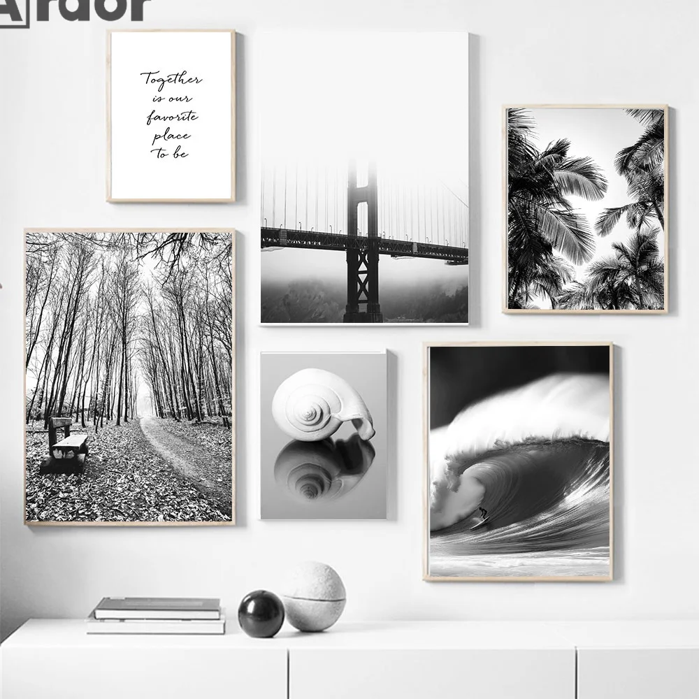 Black and White Bridge Wall Canvas Painting Nordic Posters and Prints Dead Tree Boat Snail Shell Wall Art Living Room Home Decor