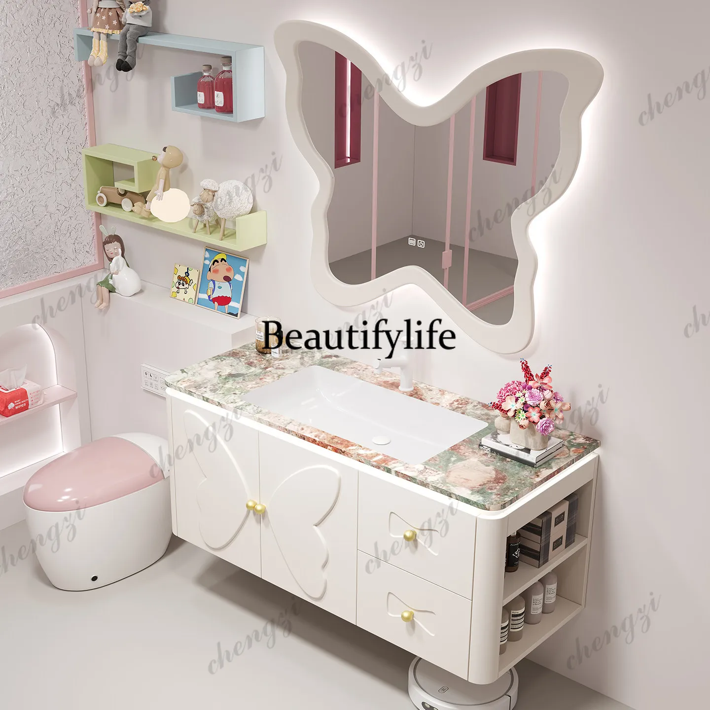 French Pink Oak Bathroom Cabinet Combination Paint with Side Cabinet Toilet Wash Table
