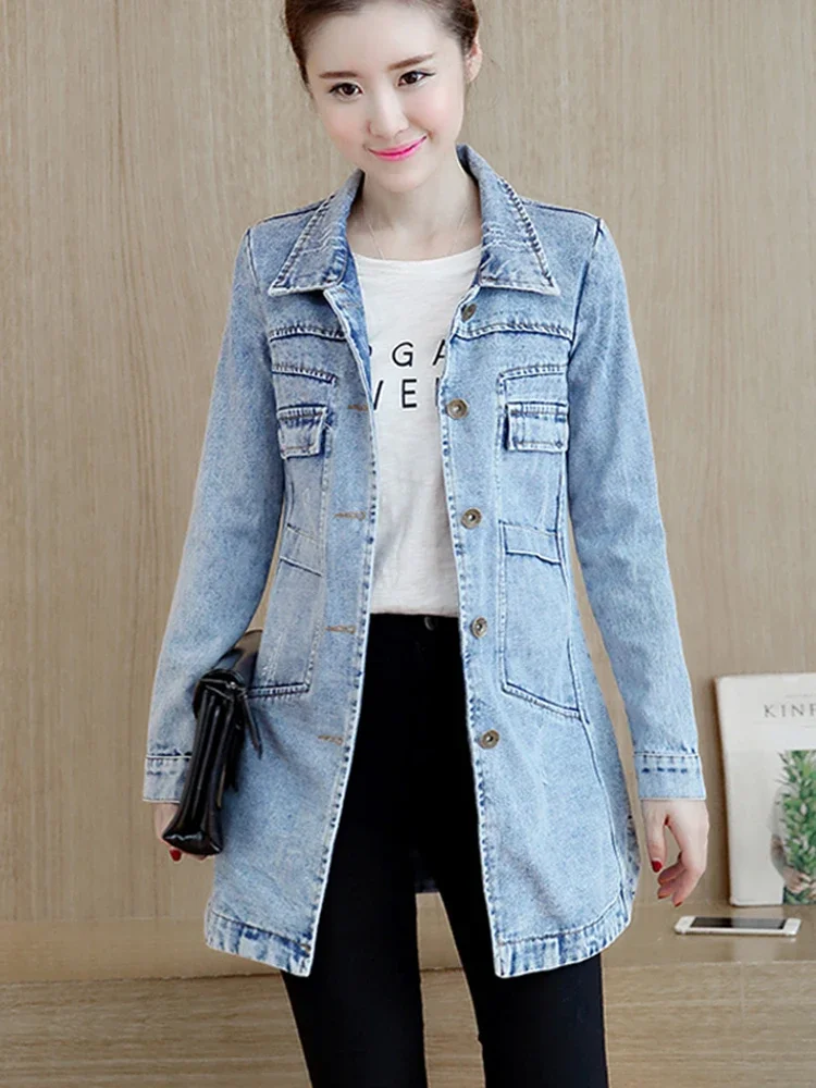 Autumn Women Denim Jacket Fashion Ripped Female Jean Long Coat Koran Cotton Slim Long Sleeve Blue Outwear 5XL