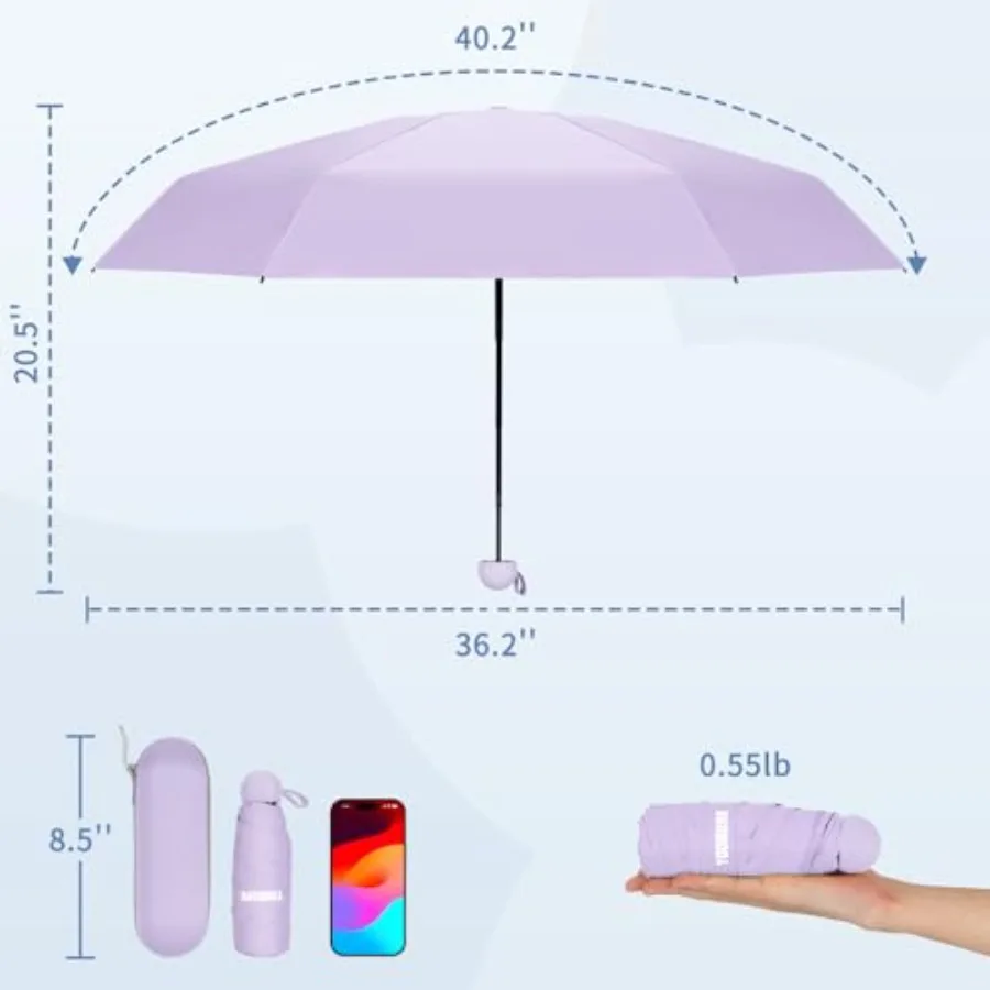 Travel Umbrella Portable Compact Umbrellas, Pocket Mini for Purse, Umbrellas for UV Sun and Rain Small for Backpack, Umbrella w