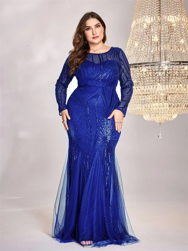 Plus Size Elegant Blue Long Sleeves Sequin Tulle Evening Dresses Women Luxury O-neck Mermaid Formal Wedding Party Prom Gown